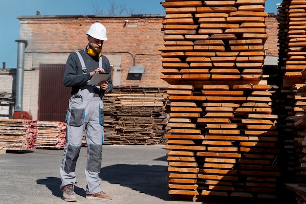 Uomo che lavora in un magazzino di pannelli MDF