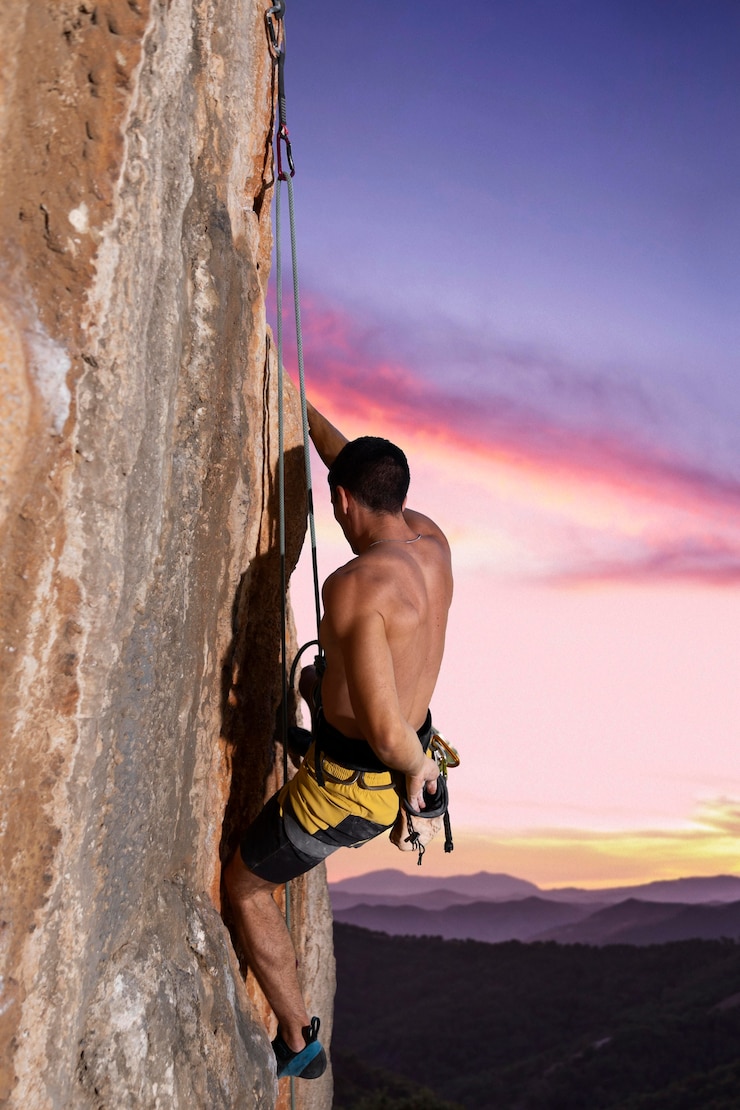 Foto gratuito uomo che si arrampica su una montagna con equipaggiamento di sicurezza