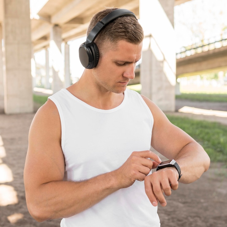 Foto gratuito uomo che utilizza il suo smartwatch prima dell'allenamento