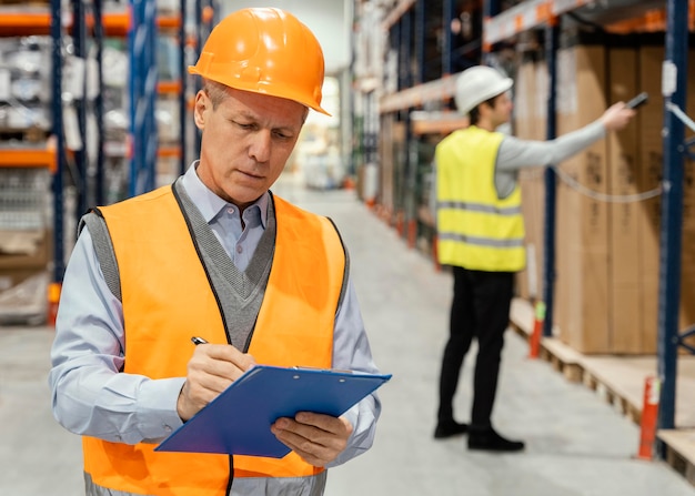 Uomo con il casco logistico di lavoro