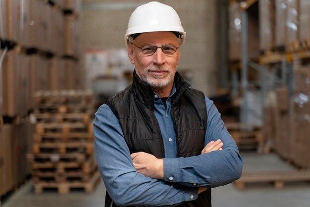 Uomo con le braccia incrociate a lavorare in magazzino