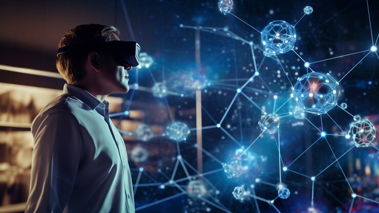 Foto gratuito uomo con occhiali vr che sperimenta il metaverso