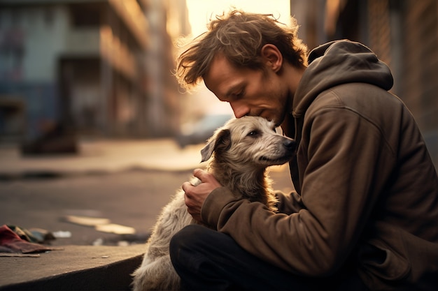 Uomo con vista laterale che tiene il cane