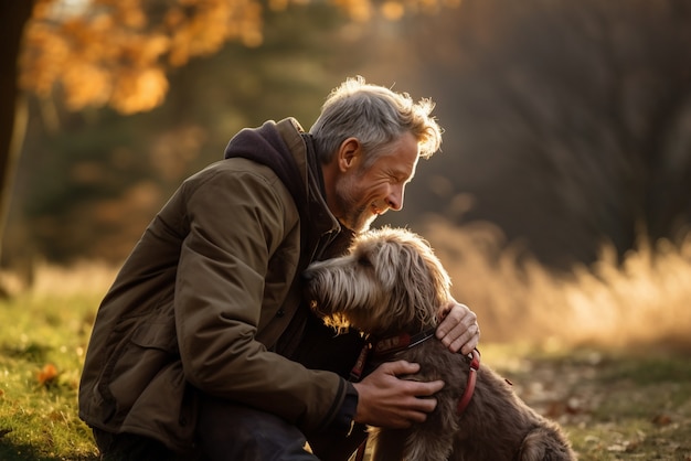 Uomo con vista laterale che tiene il cane