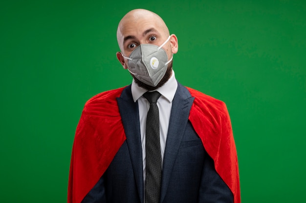 Uomo d'affari barbuto super eroe in mantello rosso e maschera facciale protettiva confuso in piedi sopra la parete verde