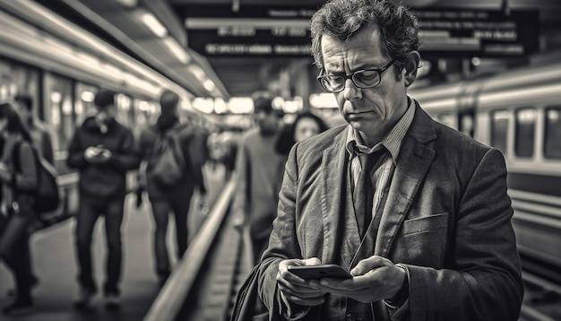 Uomo d'affari che invia messaggi di testo sul treno durante gli spostamenti nelle ore di punta generati dall'intelligenza artificiale