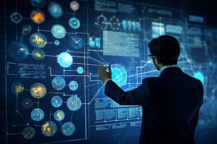 Foto gratuito uomo d'affari che lavora in un ufficio futuristico