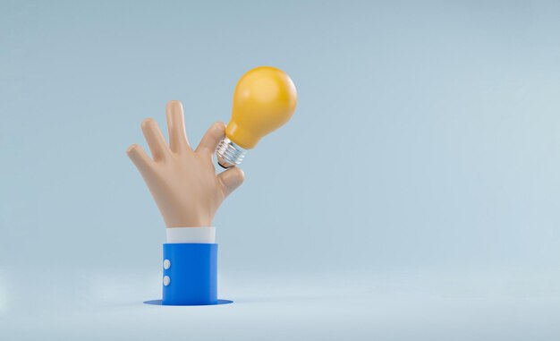 Uomo d'affari che tiene la lampadina gialla con lo spazio della copia per la soluzione di affari e il concetto di idea di pensiero creativo dall'illustrazione di rendering 3d