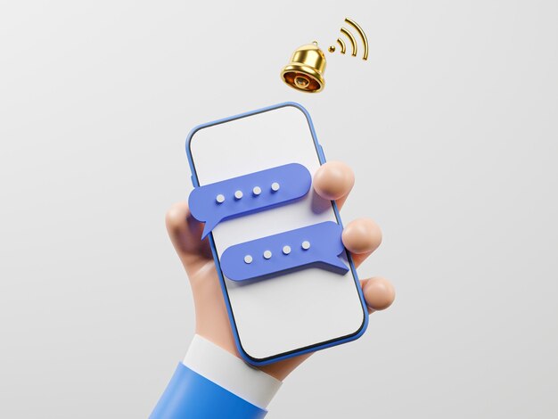 Uomo d'affari che tiene smartphone con scatola di bolle di messaggio e allarme campana d'oro per la notifica e il concetto di tecnologia mediante illustrazione di rendering 3d