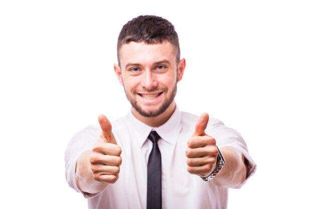 Uomo d'affari giovane sorridente felice con il pollice in alto gesto, isolato sopra il muro bianco