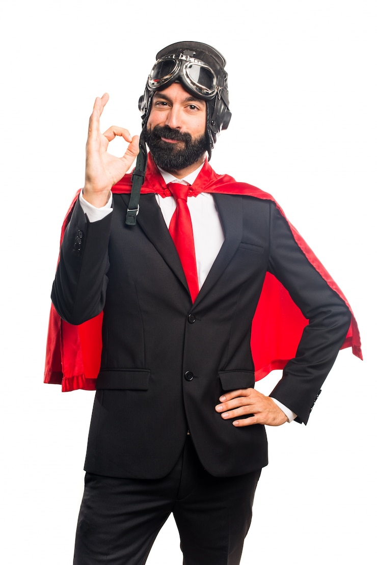Foto gratuito uomo d&#39;affari super eroe che fa segno ok