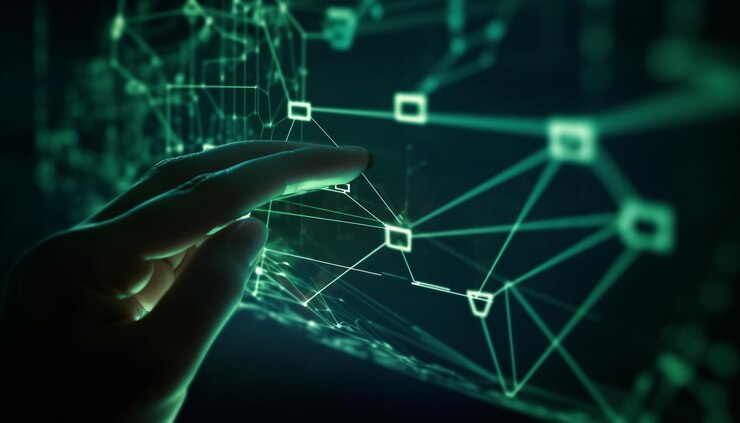 Foto gratuito uomo d'affari wireless che tiene una rete di apparecchiature internet futuristica generata dall'intelligenza artificiale