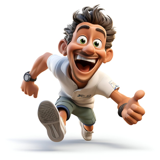 Uomo dei cartoni animati che corre e mostra i pollici in alto con entrambe le mani illustrazione 3D