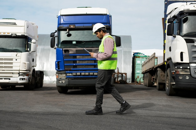 Uomo del colpo pieno che cammina con la flotta di camion