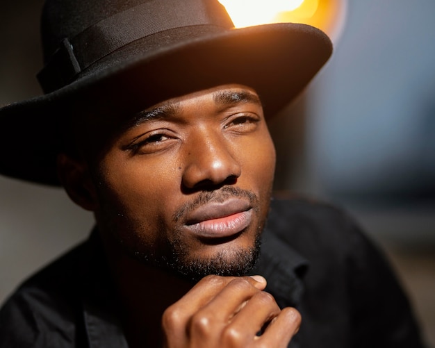 Uomo del primo piano con il cappello che propone all'interno