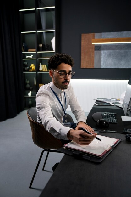 Uomo del tiro medio che scrive sul taccuino