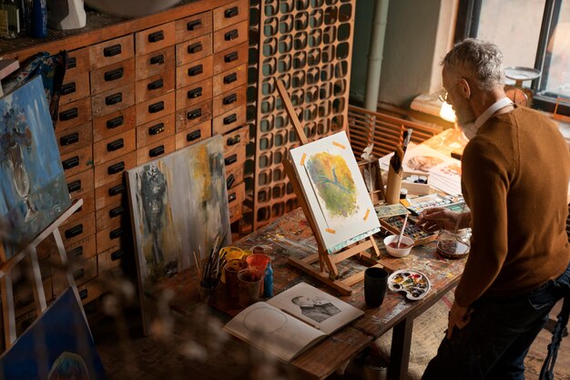 Uomo dell'angolo alto con la pittura sul cavalletto