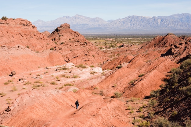 Uomo della possibilità remota che cammina nel paesaggio del canyon