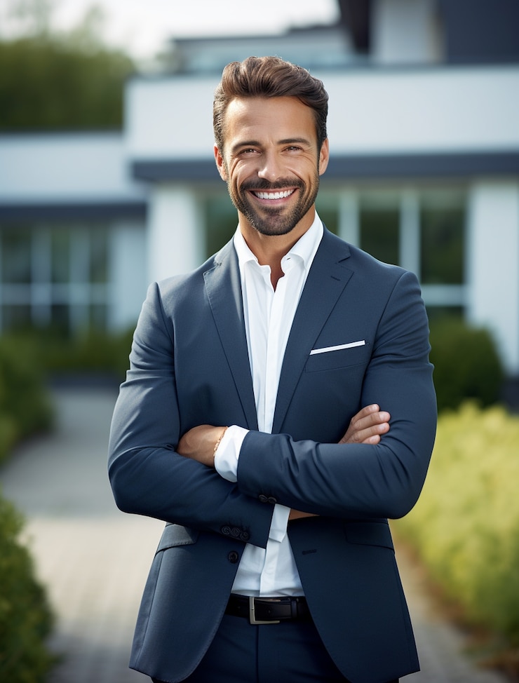 Foto gratuito uomo di media taglia che lavora come agente immobiliare.