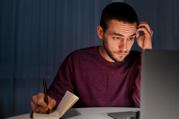 Uomo di tiro medio che lavora a tarda notte sul laptop