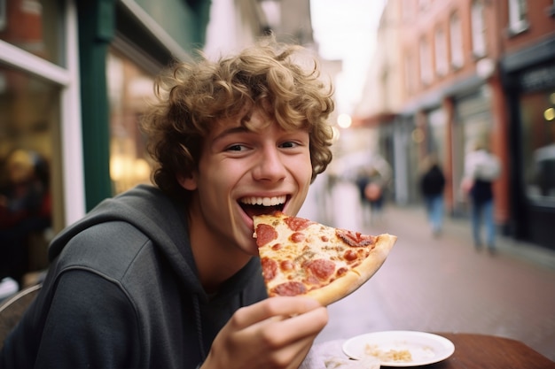 Uomo di tiro medio che mangia pizza deliziosa