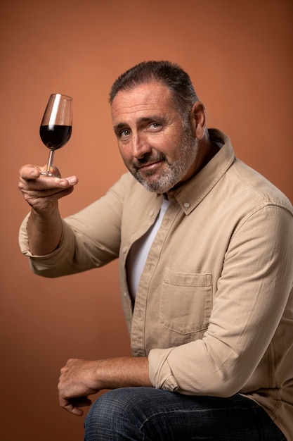 Uomo di tiro medio con in mano un bicchiere di vino