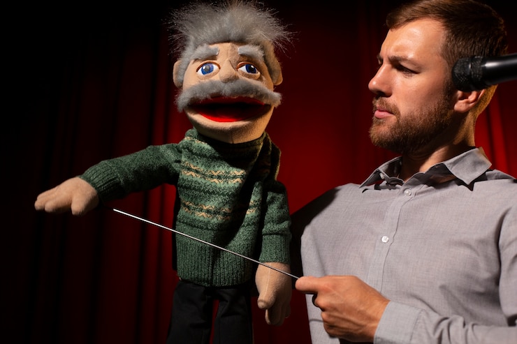 Foto gratuito uomo di vista frontale che è ventriloquo