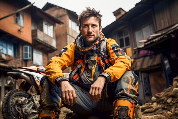 Uomo di vista frontale con una moto fantastica