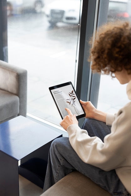 Uomo di vista laterale che legge rivista digitale