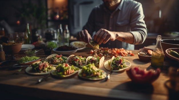 Uomo di vista laterale che produce deliziosi tacos