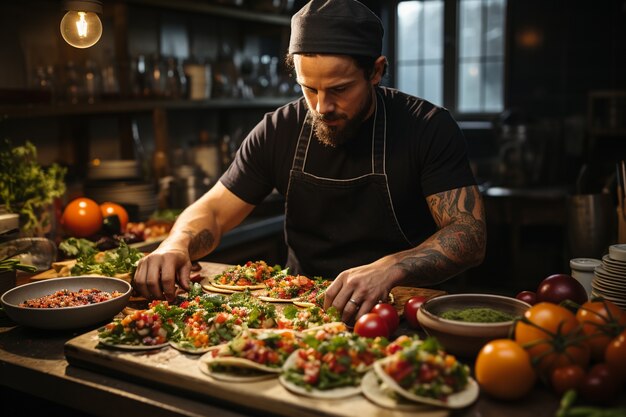 Uomo di vista laterale che produce deliziosi tacos