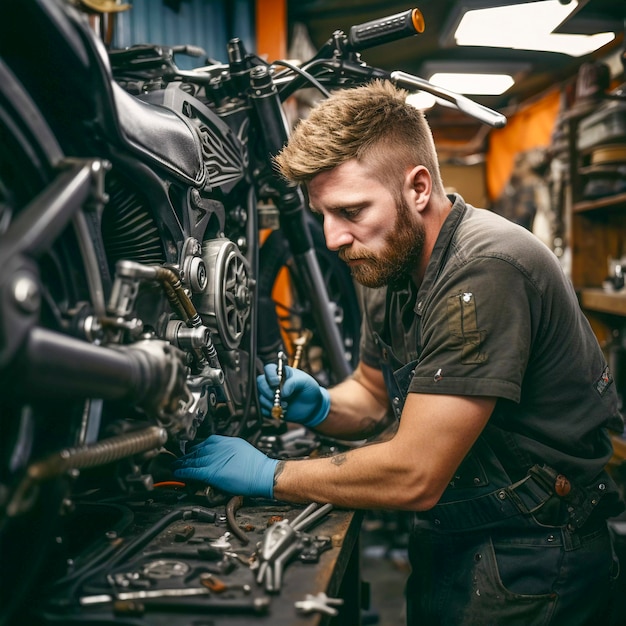 Uomo di vista laterale che ripara motocicletta