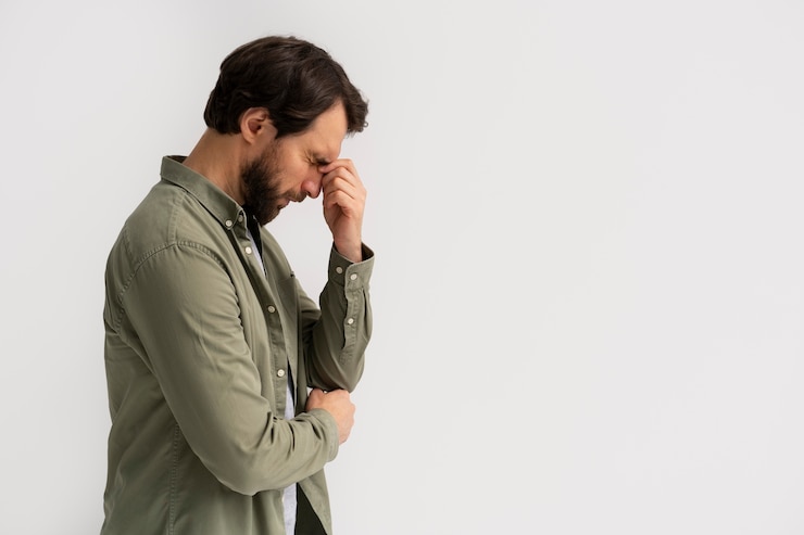 Foto gratuito uomo di vista laterale che si occupa della sindrome dell'impostore
