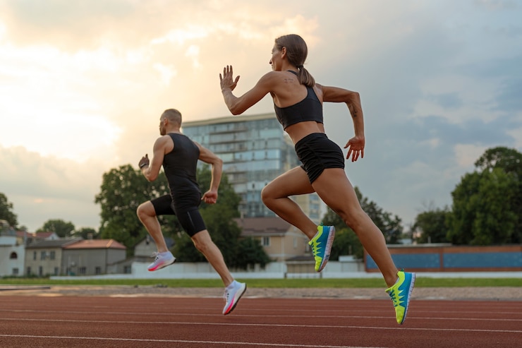 Foto gratuito uomo e donna che corrono sulla pista, vista laterale