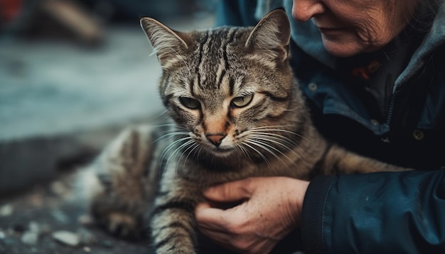 Uomo e gattino condividono l'amore nell'IA generativa invernale