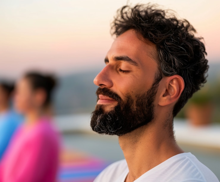 Foto gratuito uomo in forma che pratica yoga