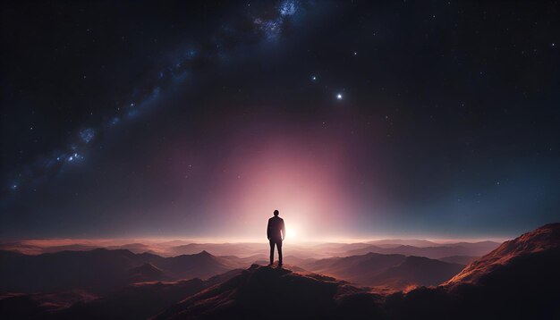 Uomo in piedi in cima alla montagna e guardando la Via Lattea