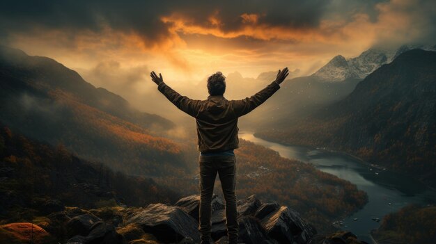 Uomo in piedi sulla cima della montagna e guardando il lago