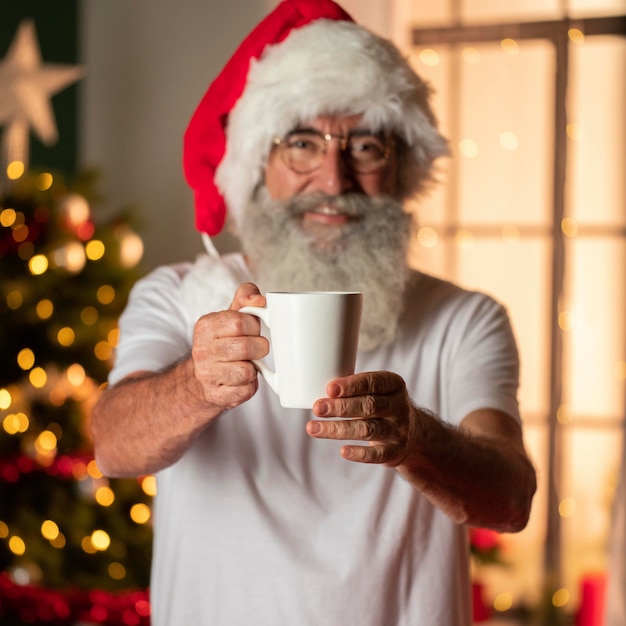 Uomo in tazza della holding del cappello della santa