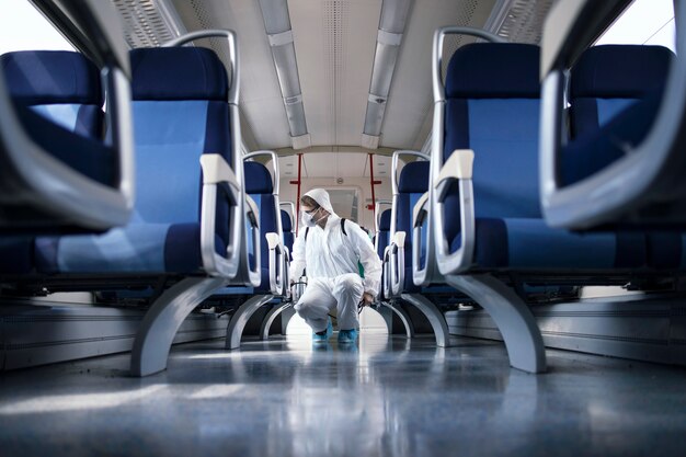 Uomo in tuta di protezione bianca che disinfetta e igienizza l'interno del treno della metropolitana per fermare la diffusione del virus corona altamente contagioso