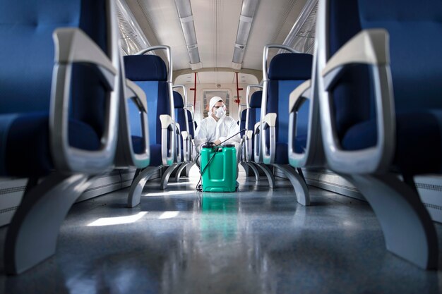 Uomo in tuta di protezione bianca che disinfetta e igienizza l'interno del treno della metropolitana per fermare la diffusione del virus corona altamente contagioso