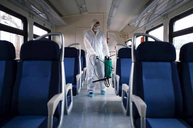 Uomo in tuta di protezione bianca che disinfetta e igienizza l'interno del treno della metropolitana per fermare la diffusione del virus corona altamente contagioso