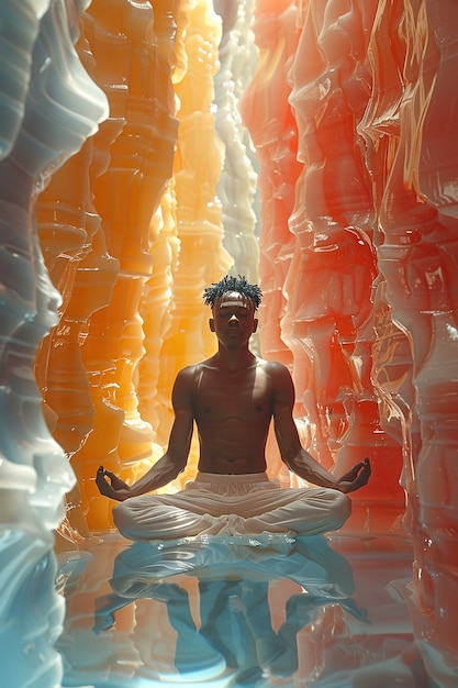 Uomo in un ambiente immaginario che pratica yoga e meditazione consapevole