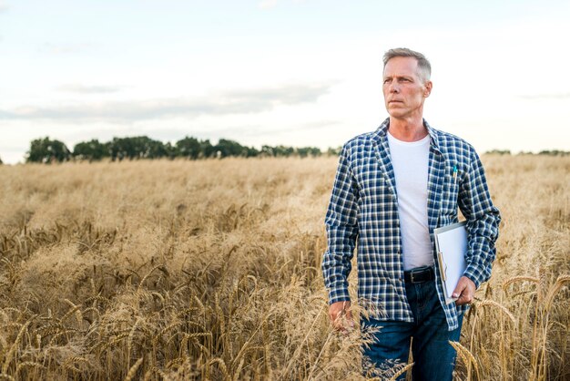 Uomo in un campo di grano che osserva via