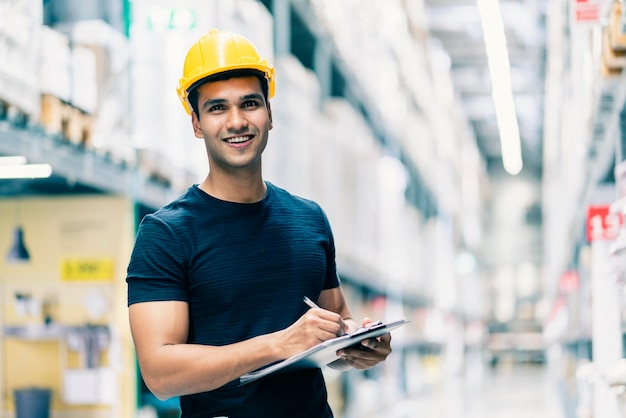 Uomo intelligente dell'ingegnere indiano che indossa un casco di sicurezza che esegue il controllo del segno di spunta e la gestione del prodotto in stock di cartone sullo sfondo del magazzino di fabbrica