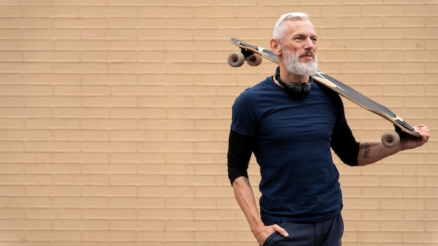 Uomo maturo con skateboard mobilità sostenibile