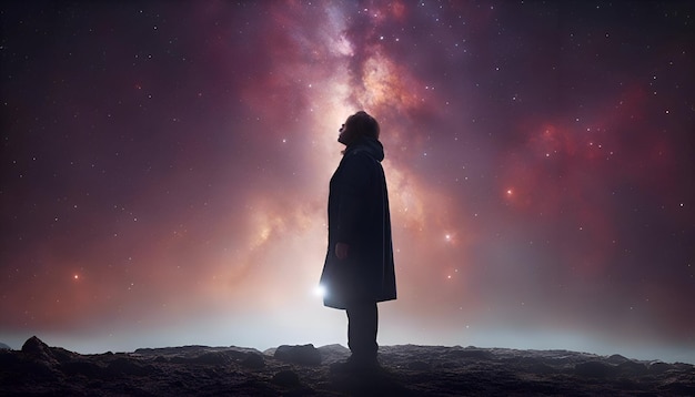 Uomo misterioso con un mantello scuro che guarda la Via Lattea