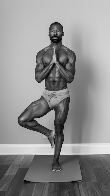 Uomo pieno di foto che pratica yoga