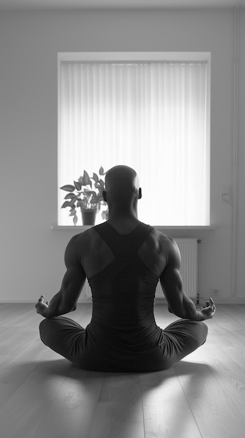 Uomo pieno di foto che pratica yoga