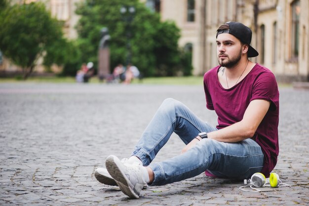 Uomo, seduta, blocco, pietra, pensiero